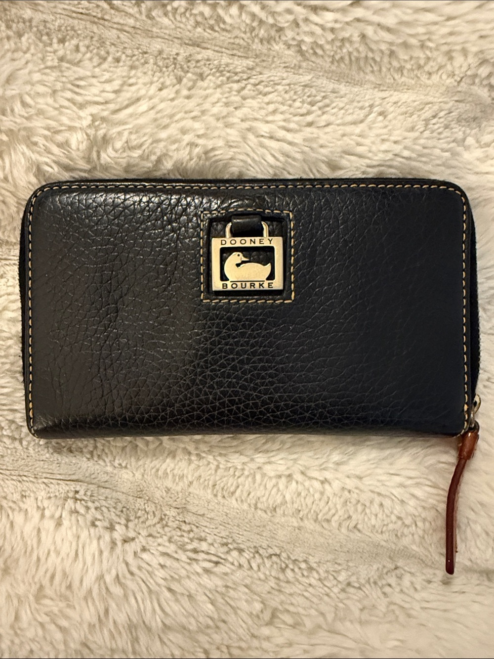 Dooney & Bourke Black Pebbled Leather Zip Wallet with Gold Logo Plaque